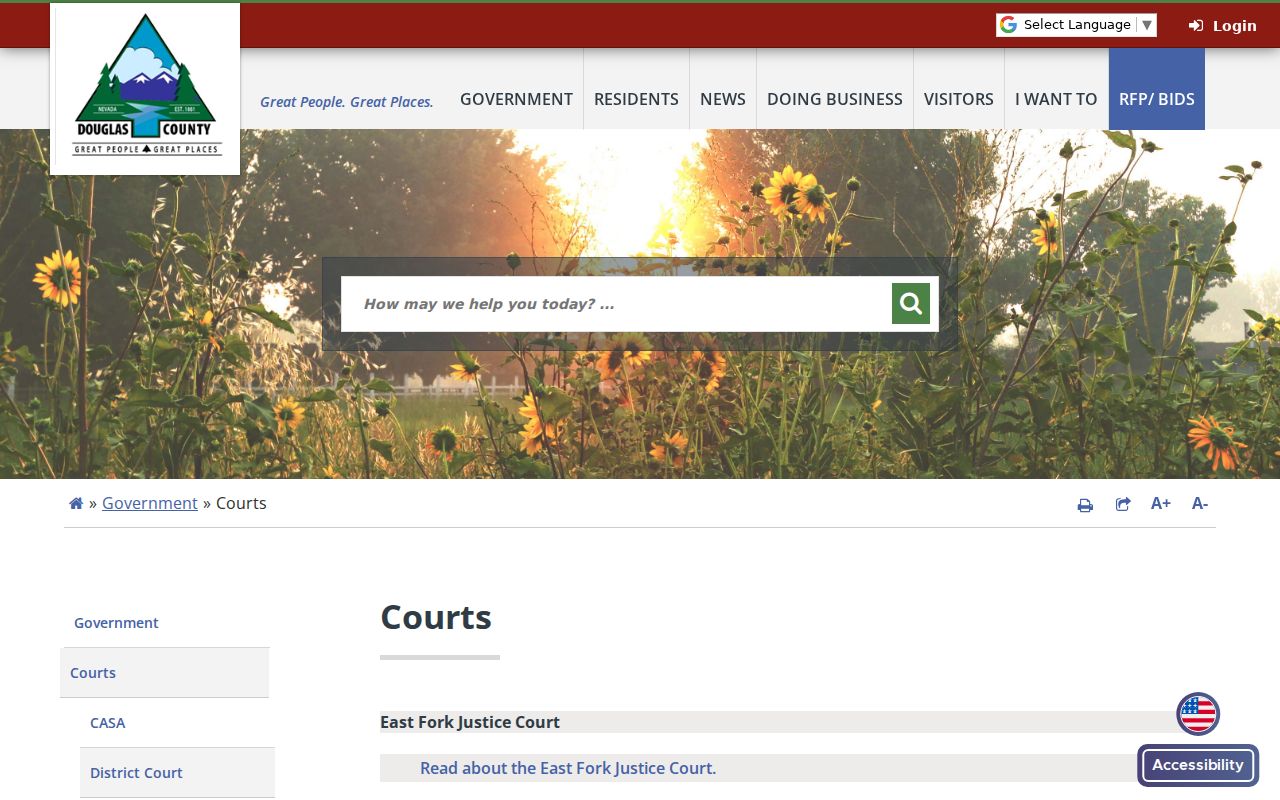 Douglas County courts page linking the District, East Fork, and Tahoe courts